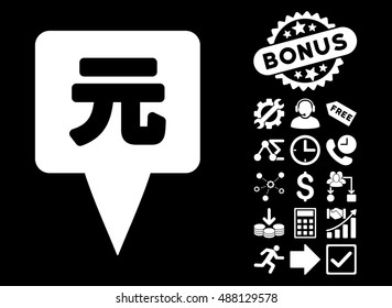 Yuan Map Pointer pictograph with bonus clip art. Vector illustration style is flat iconic symbols, white color, black background.