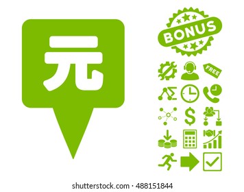 Yuan Map Pointer pictograph with bonus icon set. Vector illustration style is flat iconic symbols, eco green color, white background.