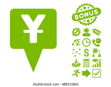 Yuan Map Pointer pictograph with bonus symbols. Vector illustration style is flat iconic symbols, eco green color, white background.