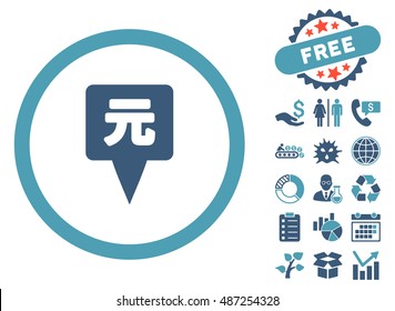 Yuan Map Pointer pictograph with free bonus pictograph collection. Vector illustration style is flat iconic bicolor symbols, cyan and blue colors, white background.