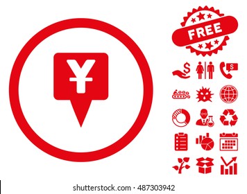 Yuan Map Pointer pictograph with free bonus icon set. Vector illustration style is flat iconic symbols, red color, white background.
