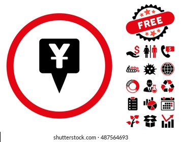 Yuan Map Pointer pictograph with free bonus design elements. Vector illustration style is flat iconic bicolor symbols, intensive red and black colors, white background.