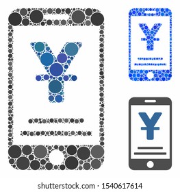 Yuan mobile payment mosaic of circle elements in variable sizes and color hues, based on yuan mobile payment icon. Vector circle elements are grouped into blue illustration.