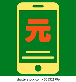 Yuan Mobile Payment vector pictogram. Illustration style is a flat iconic bicolor orange and yellow symbol on green background.