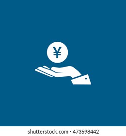 Yuan On Hand Flat Icon On Blue Background