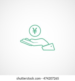 Yuan On Hand  Green Line Icon On White Background
