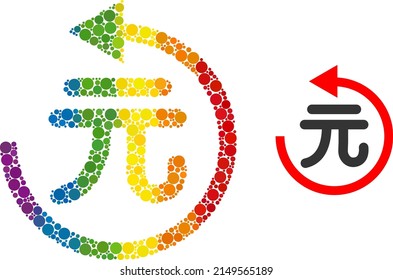 Yuan refund collage icon of circle elements in different sizes and rainbow bright color tones. A dotted LGBT-colored yuan refund for lesbians, gays, bisexuals, and transgenders.