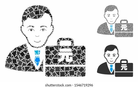 Yuan Renminbi accounter mosaic of uneven items in various sizes and shades, based on Yuan Renminbi accounter icon. Vector joggly items are composed into mosaic.