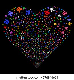 Yuan Renminbi fireworks with heart shape. Vector illustration style is flat bright multicolored iconic symbols on a black background. Object salute organized from random icons.