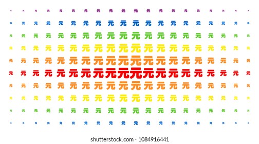 Yuan Renminbi icon spectrum halftone pattern. Vector Yuan Renminbi items are arranged into halftone grid with vertical rainbow colors gradient. Designed for backgrounds, covers,