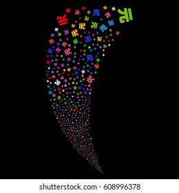 Yuan Renminbi random fireworks stream. Vector illustration style is flat bright multicolored iconic symbols on a black background. Object fountain organized from scattered symbols.