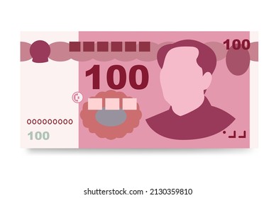 Yuan Renminbi Vector Illustration. Chinese money set bundle banknotes. Paper money 100 CNY. Flat style. Isolated on white background. Simple minimal design.