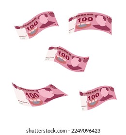 Ilustración del vector del renminbi yuan. Dinero chino pone billetes en paquete. Cayendo, volando 100 CNY. Estilo plano. Aislado sobre fondo blanco. Diseño sencillo y mínimo.