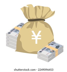 Yuan Renminbi Vector Illustration. Chinese money set bundle banknotes. Money bag 10 CNY. Flat style. Isolated on white background. Simple minimal design.