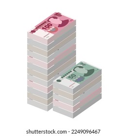 Yuan Renminbi Vector Illustration. Chinese money set bundle banknotes. Paper money 10, 20, 50, 100 CNY. Flat style. Isolated on white background. Simple minimal design.