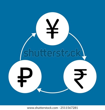 yuan, ruble and rupee graph or diagram with three circles conected with arrows, vector illustration 
