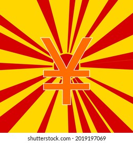 Símbolo yuan sobre un fondo de líneas radiales de explosión de flash rojo. El gran símbolo naranja se encuentra en el centro del sol, simbolizando la salida del sol. Ilustración del vector sobre fondo amarillo