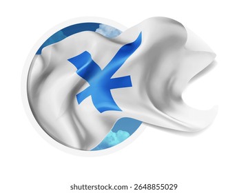 Yuan, vector 3d flag against a blue sky, through a round hole on a white background