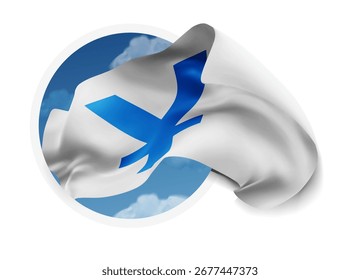 Yuan, Vector 3d bandera contra un cielo azul, a través de un agujero redondo sobre un fondo blanco