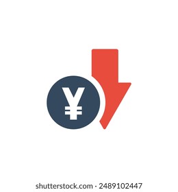 Yuan or yen coin with red down arrow. Economic fall indicator. Stock exchange negative trend.
