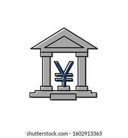 Yuan or yen sign and bank illustration. Flat style. 