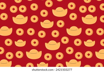 Yuanbao Money and coins with a square hole seamless pattern on red background. Decoration elements for Chinese New Year. Symbol of wealth and prosperity.