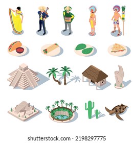 Yucatan travel isometric set with isolated icons of natives national dishes and costumes with famous landmarks vector illustration