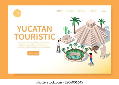 Yucatan travel isometric web site landing page with images of sights clickable links text and buttons vector illustration