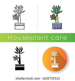 Yucca icon. Small exotic indoor palm. Mexican tree. Decorative houseplant with pointed leaves. Natural home, office decor. Linear black and RGB color styles. Isolated vector illustrations