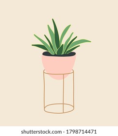 Yucca plant in ceramic flowerpot. Houseplant isolated. Trendy hugge style, urban decor. Hand drawn sketch, naive art. Print, poster, banner, wallpaper. Logo, label. Green, pink, beige pastel colors.