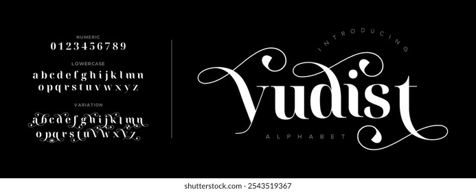 Yudist tipografia beleza moda elegante minimalista serif italic fontes decorativo casamento vintage retro logos. Logotipo de fonte de luxo mínimo alfabeto. Ilustração vetorial