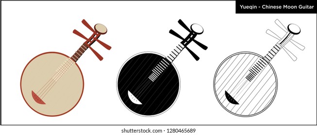 Yueqin - Chinese Plucked String Musical Instrument Colored, Black & White - Vector Illustration Isolated Icon Outline Silhouette - Vector