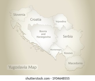 Yugoslavia map, administrative division with names, old paper background vector