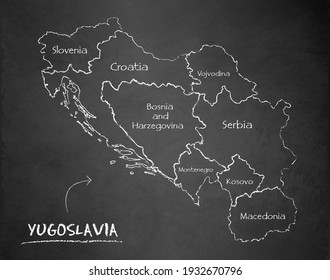 Yugoslavia map administrative division, separates regions and names individual region, design card blackboard chalkboard vector