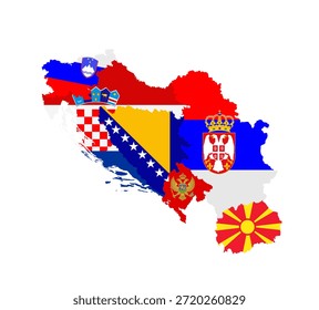 Ilustración de silueta de Vector de mapa de Yugoslavia aislada. Bandera de los miembros de Yugoslavia. Europa del Este, antiguo país comunista socialista. Símbolo nacional del estado balcánico. Signo patriótico. Comunidad de Serbia, Croacia, Bosnia, Montenegro, Eslovenia, Macedonia.