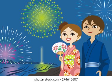 Yukata couple Looking up fireworks