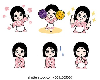 yukata dress Japanese girl cute cartoon character vector