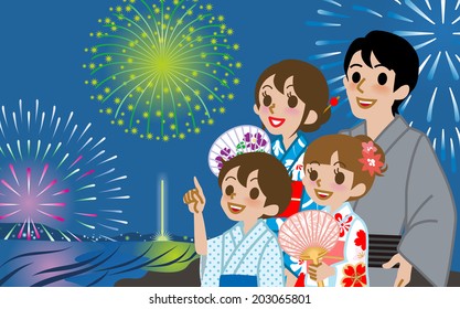 Yukata Family looking up Fireworks