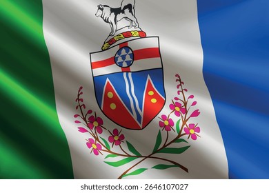 Bandeira de Yukon acenando ao vento, textura de seda detalhada e realista. Estado do Canadá