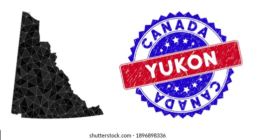 Mapa de malla poligonal de la provincia de Yukón con triángulos rellenos y sello bicolor rasado. Mapa de la provincia del Yukón en mosaico triangular con modelo de vector de malla, triángulos de diferentes tamaños y posiciones,