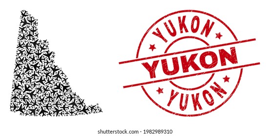Yukon rubber badge, and Yukon Province map collage of air force items. Collage Yukon Province map created with air force symbols. Red badge with Yukon tag, and unclean rubber texture.