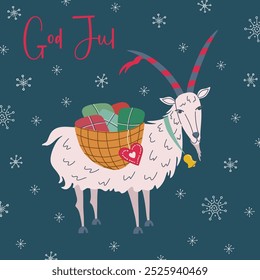 Yule goat with a gift basket. Scandinavian Christmas tradition. God Jul or Merry Christmas in English greeting card. Hand drawn flat design vector illustration.