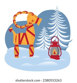 The Yule goat and kerosene lamp. Scandinavian Christmas decoration. Flat vector illustration.