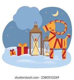 The Yule goat, wooden lanterns with candles and gifts in the snow. Scandinavian Christmas decoration. Flat vector illustration.