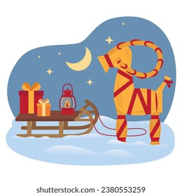 The Yule goat and wooden sledge with Christmas gifts and kerosene lamp in the snow. Scandinavian Christmas. Flat vector illustration.