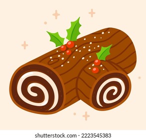 Yule log or Buche de Noel, traditional Christmas cake. Cartoon drawing, vector clip art illustration.