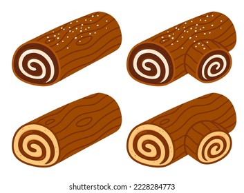 Yule log or Buche de Noel, traditional Christmas cake. Cartoon drawing, vector clip art illustration.