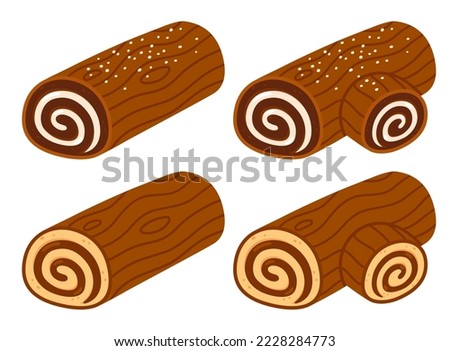 Yule log or Buche de Noel, traditional Christmas cake. Cartoon drawing, vector clip art illustration.