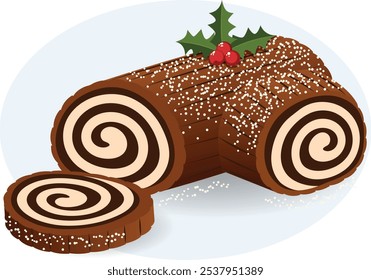 Yule Log Cake with Chocolate Buttercream, Powdered Sugar and Holly. Isolated Christmas Cake Bûche de Noël - French Pastry 