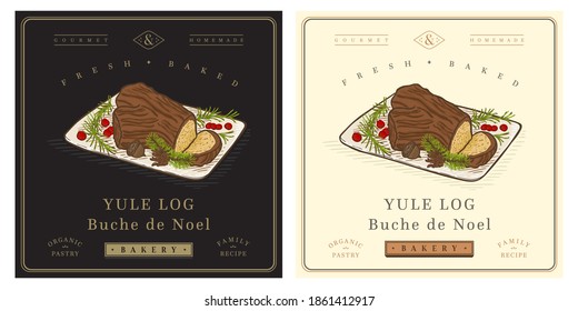 Yule log Christmas chocolate cake vintage retro illustration